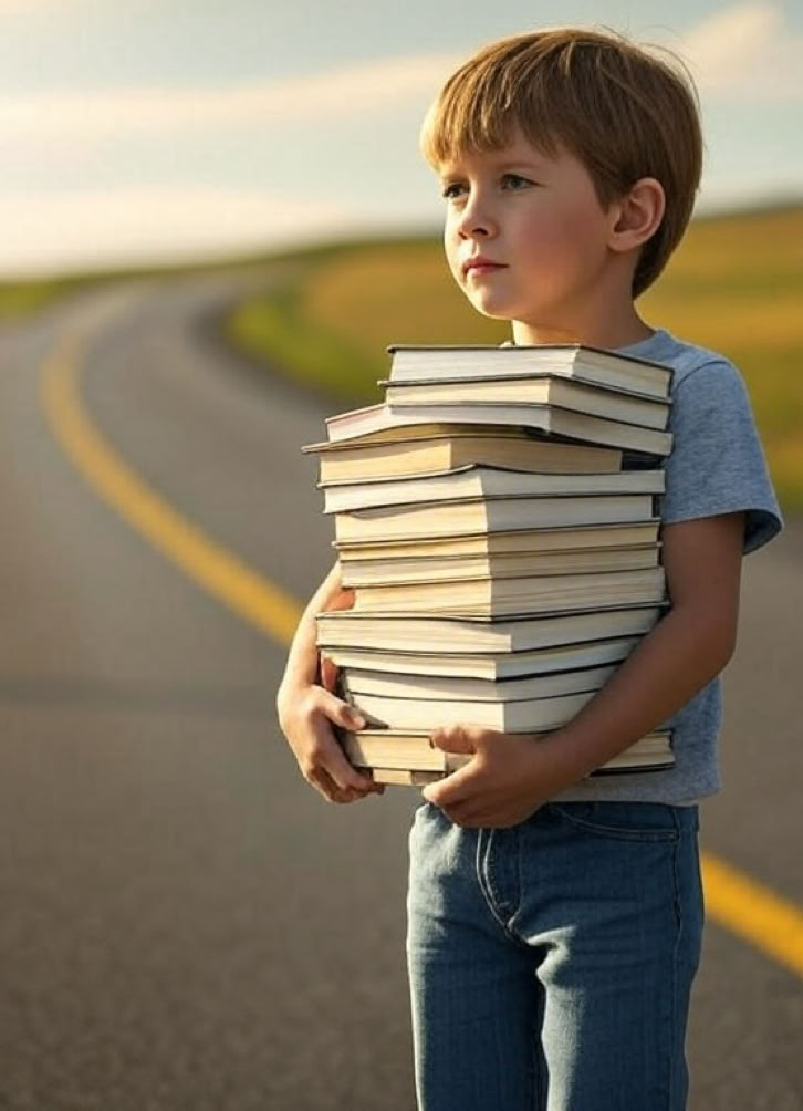 A child stands on a winding road holding a stack of books, looking ahead toward the path of their education.